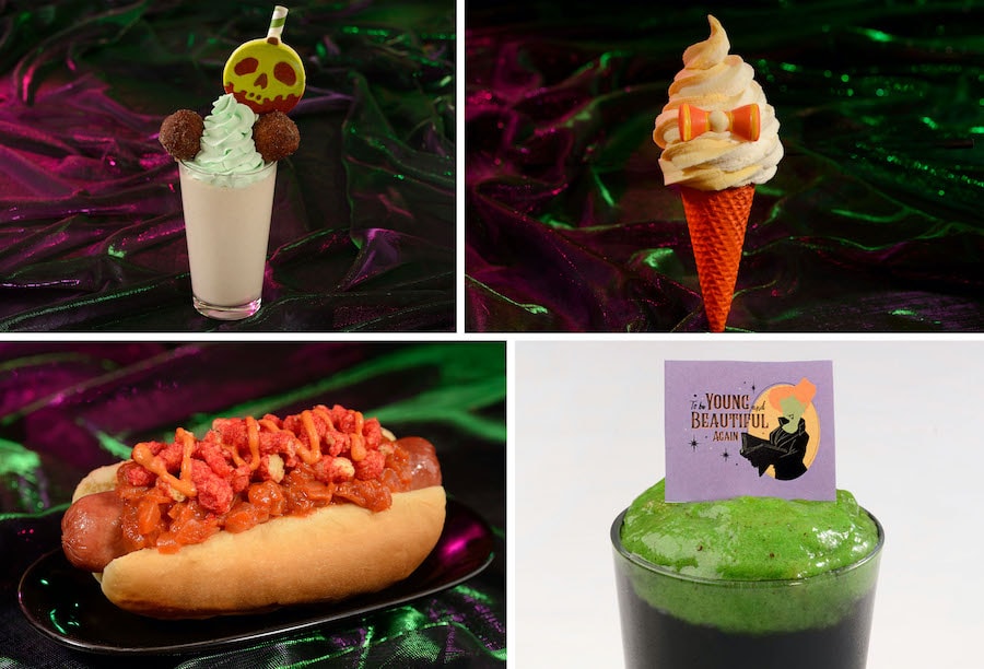 Not-So-Poison Apple Pie Milk Shake, Sweet Candy Corn Soft-serve Swirl Cone, Pain and Panic Hot Dog and Winifred’s Elixir of Youth WDW Foodie Guide Mickey's Not So Scary Halloween Party 2022