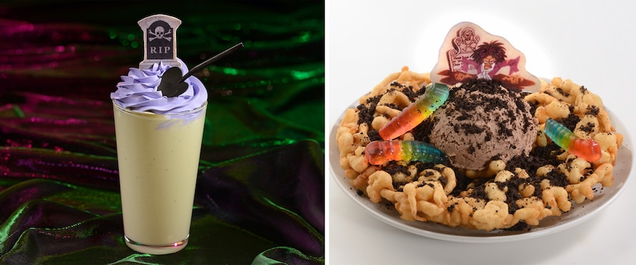 Foodie Guide Revealed for Mickey's Not-So-Scary Halloween Party at Walt Disney World  Grave Digger Milk Shake and Worms and Dirt Funnel Cake 