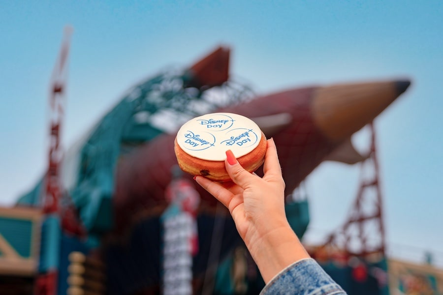 Blue-themed chocolate hazelnut donut for Disney+ Day at Disneyland Paris