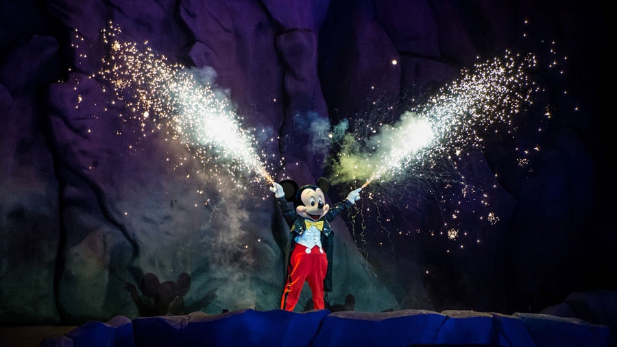 Scene from Fantasmic! showing Mickey Mouse with Fireworks