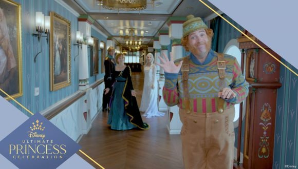Anna, Elsa, Kristoff and Oaken in the halls of Disney Cruise Line's The Wish