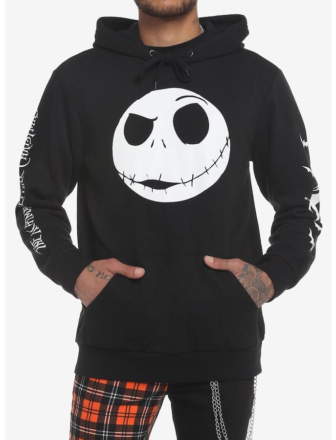 Collage of Disney Tim Burton's The Nightmare Before Christmas Jack Jumbo Head Hoodie, Trio of Terror Long Sleeve Tie-Dye T-Shirt from BoxLunch and The RSVLTS “Halloween Town” Shirt 