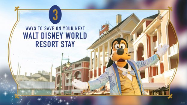 Goofy in 50th celebration outfit with text 3 Ways to Save on Your Next Walt Disney World Stay