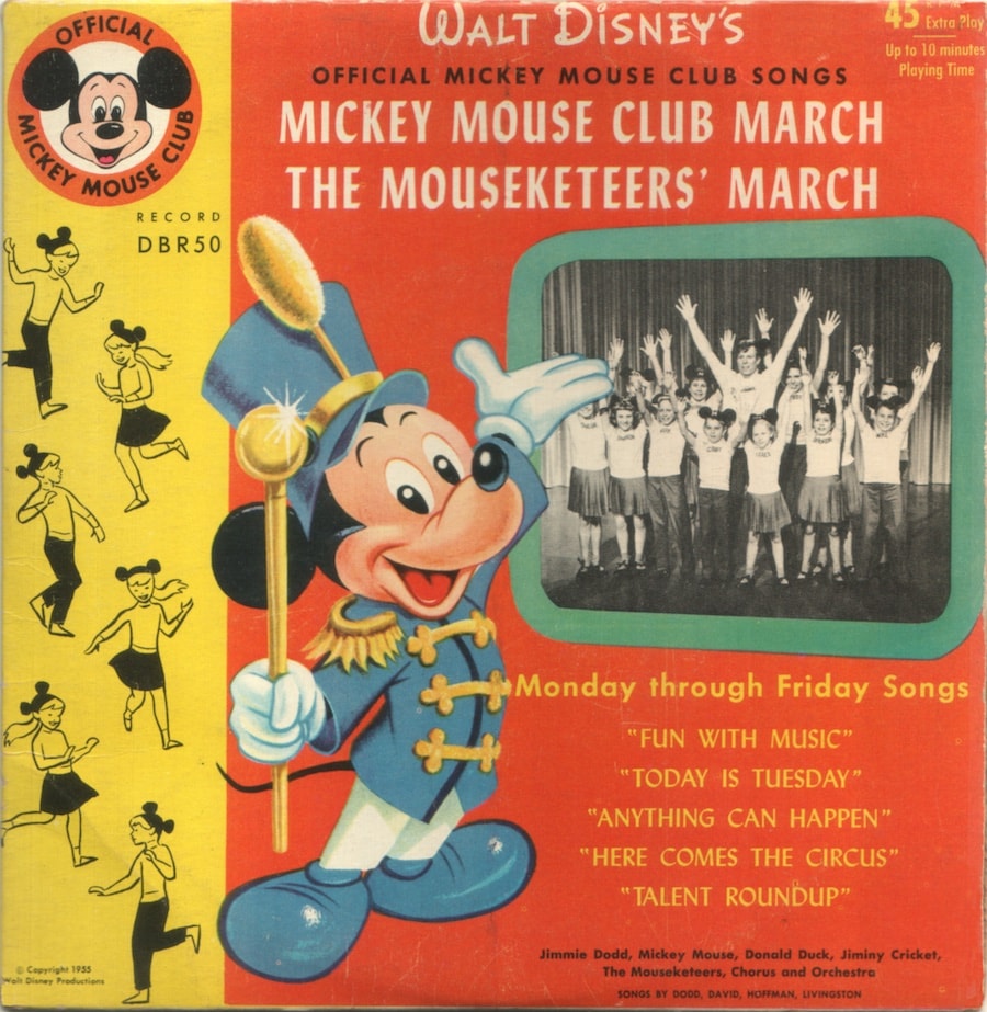 Mickey Mouse presents the Mouseketeers and their new show's daily themes on the jacket of this 1955 45 rpm record. (Author's collection)