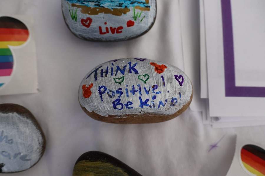 "Think Positive! Be Kind!" - Disneyland Resort cast members decorate rocks for Blake Bernstein Memorial Rock Garden in Borrego Park in Lake Forest, CA