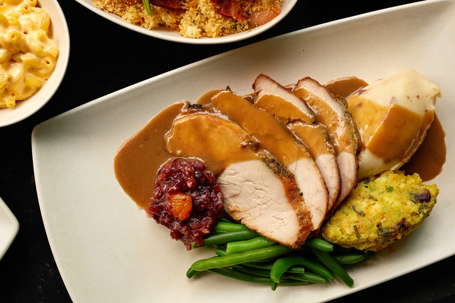 Thanksgiving Add-ons to Buffet: Oven roasted turkey breast, turkey gravy, cornbread stuffing, and cranberry relish