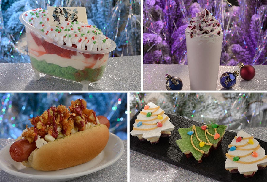 Collage of Auntie Gravity's Galactic Goodies food for Mickey’s Very Merry Christmas Party 2022