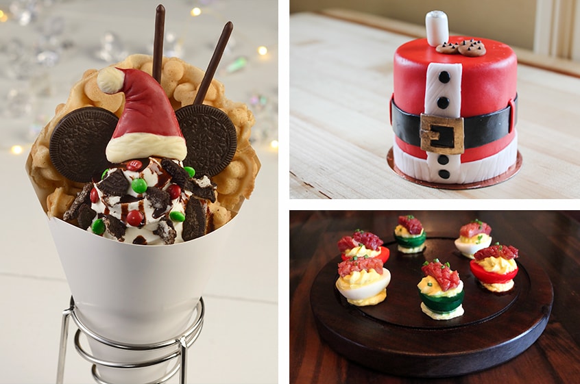 Collage of holiday food at Disney Springs