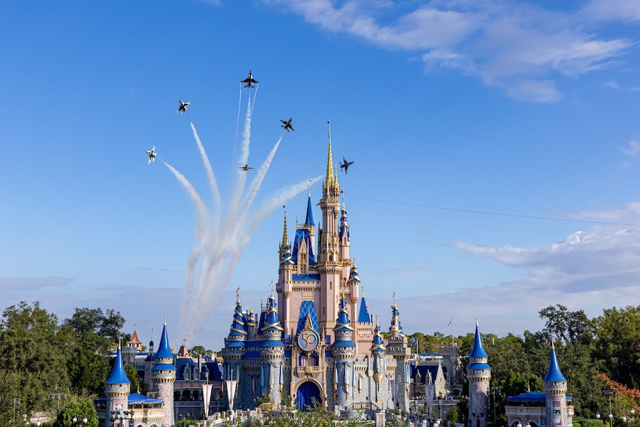 The U.S. Air Force Thunderbirds soared over of Cinderella Castle at Magic Kingdom Park at Walt Disney World Resort on Oct. 27, 2022 