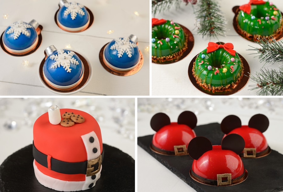 Ornament Mousse Dome Cake, Holiday Wreath Pastry, Santa Clause Petit Cake and Holiday Mickey Mousse from Amorette's Patisserie