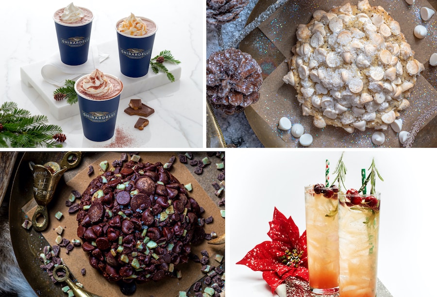 Peppermint Hot Cocoa from Ghirardelli Soda Fountain and Chocolate Shop, Kris Kringle Cookie and Cookie Vom Krampus from Gideon’s Bakehouse and Poinsettia Spritz from Splitsville Luxury Lanes Disney Springs