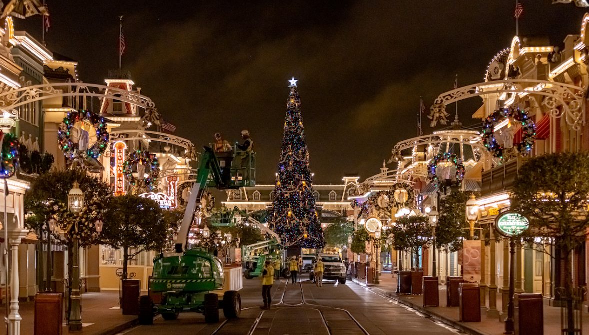 Magic Kingdom Park being decorated for the holiday season