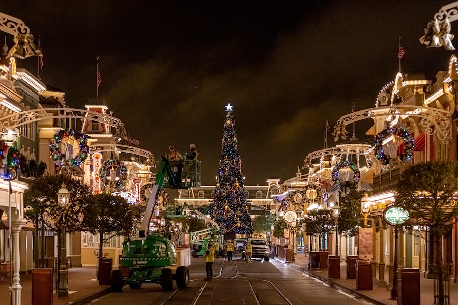 Magic Kingdom Park being decorated for the holiday season