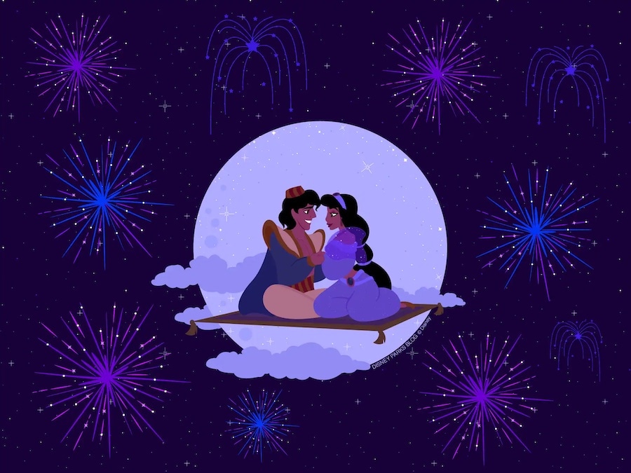 Disney New Year wallpaper background with Aladdin and Jasmine