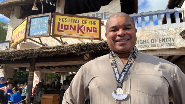 Dionne Randolph in front of the Festival of the Lion King