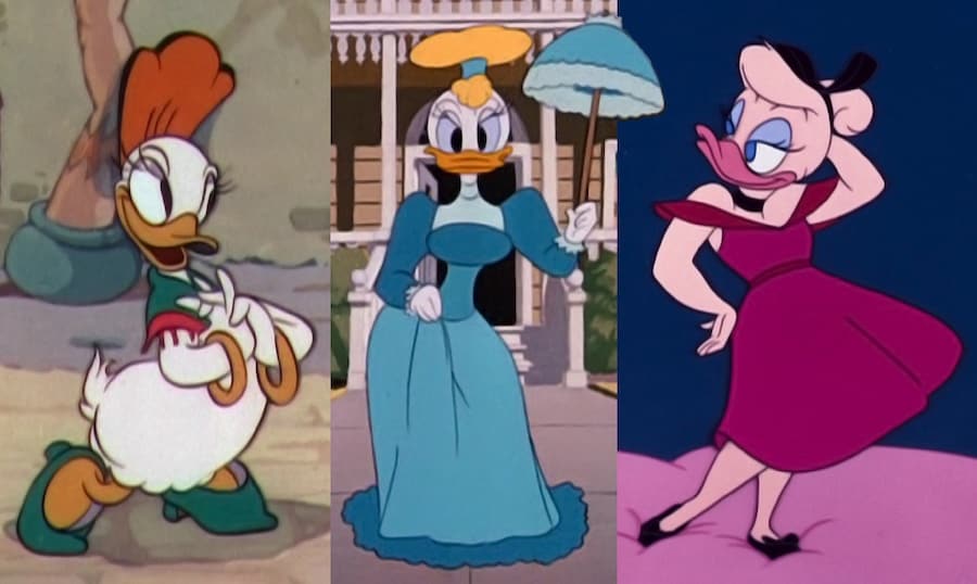 Three of Daisy's memorable looks: "Don Donald" (1937), "Crazy Over Daisy" (1950) and "Donald's Diary" (1954).