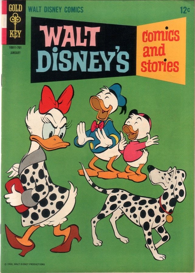No one likes a copycat ... or a copy dog! It turns out that Daisy's original fashion print has already been claimed by a disdainful dalmatian on this comic book cover for "Walt Disney's Comics and Stories." (Gold Key - K.K. Publications, #316, Vol. 27, No. 4, January 1967) (Cover art by Disney Legend Carl Barks) (Author's collection)