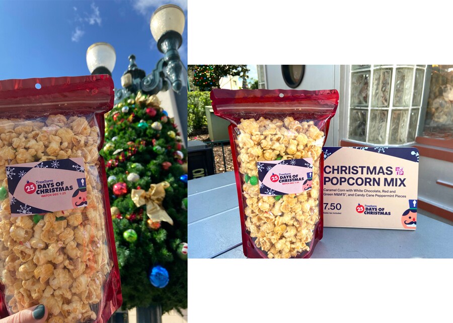 Freeform 25 Days of Christmas Popcorn held in front of a Christmas tree.