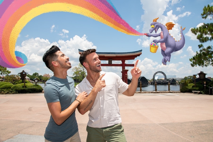 Image of Figment Magic Shot featuring Figment flying above guest painting chalk art rainbow at Japan Pavilion