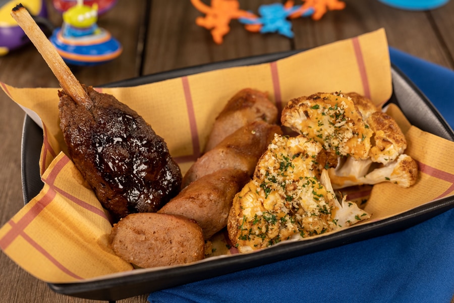 Slow-smoked Cauliflower, Oven-roasted “Bratwurst”, and Impossible “Rib Chop”