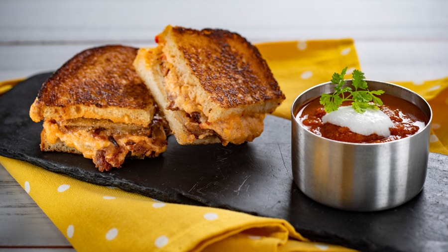 Tomato Soup with pimento cheese, bacon, and fried green tomato grilled cheese