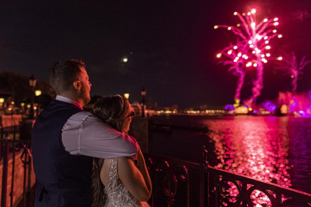 Bride Kristin Robinson, who is colorblind, closes out her wedding celebration by experiencing the EPCOT nighttime spectacular, “Harmonious” in color for the first time. Prior to her wedding on January 25, 2023, Robinson donned a special pair of glasses that enabled her to see color at Walt Disney World Resort