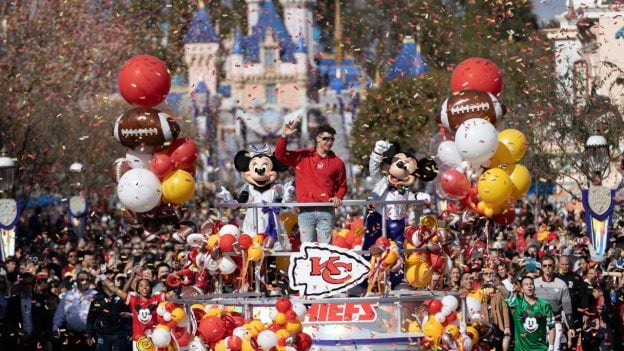 Patrick Mahomes on float down Main Street, U.S.A. at Disneyland park
