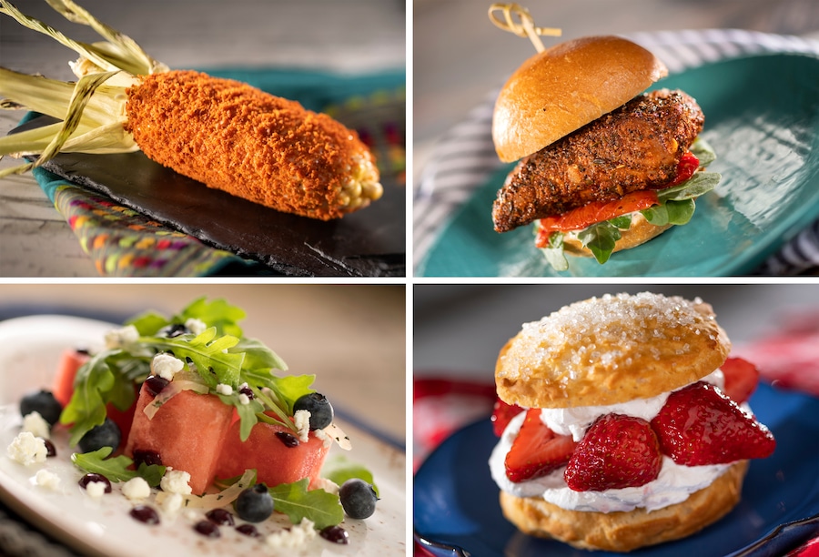 Grilled Street Corn on the Cob, Blackened Fish Slider, Watermelon Salad, Florida Strawberry Shortcake WDW Food Guide 2023 Flower and Garden Festival 