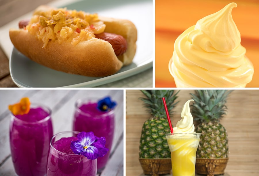 Spicy Hot Dog, DOLE Whip, Frozen Desert Violet Lemonade, DOLE Whip with Fanta WDW Food Guide 2023 Flower and Garden Festival