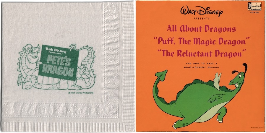 Two happy dragons: Elliott, seen on a napkin from the "Pete's Dragon" premiere party (1977), and The Reluctant Dragon, gracing a dragon-centric 1966 LP from Disneyland Records. (Author's collection)