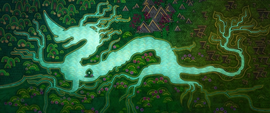 A tapestry map of Kumandra shows its distinctive dragon-shaped river, central to "Raya and the Last Dragon" (2021).