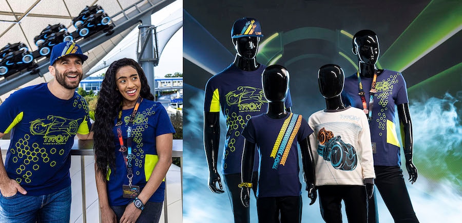 Left: Two people wearing TRON Lightcycle / Run racing-themed apparel while a Lightcycle vehicle passes by. Right: Two adult and two child mannequins dressed in TRON Lightcycle / Run racing-themed apparel