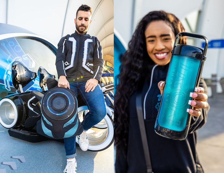 Left image – Person holding a backpack and wearing a TRON: Legacy-themed jacket while leaning against a Lightcycle. Right: Person holding a blue-hued water bottle with TRON Lightcycle / Run logo