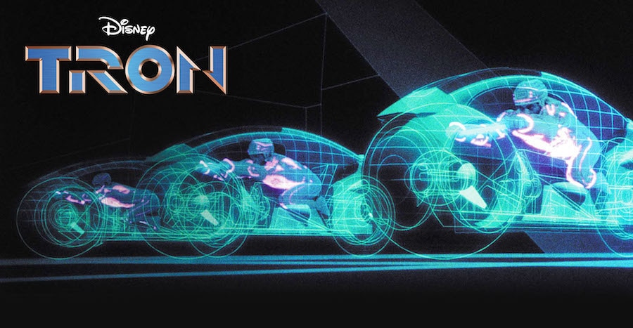 Three computer generated images of Lightcycles being created in Disney’s original 1982 film “TRON.”