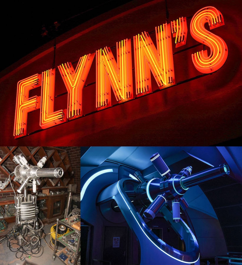 Top part of image contains a red neon Flynn’s sign. The bottom part of the image contains a laser from Kevin Flynn’s workshop pictured next to a laser seen in the attraction’s queue at Magic Kingdom bathed in blue