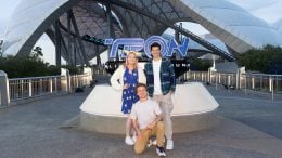ABC stars Lauren Ash, Sean Giambrone and Disney+ and Disney Channel star Matt Cornett at Magic Kingdom Park in front of newest TRON attraction