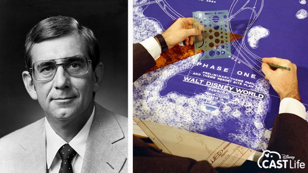 Left: Black and white photo of Howard Roland. Right: A theme park site plan for Walt Disney World.
