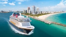 Aerial view of South Miami Beach with a Disney Cruise ship