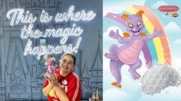 Maria smiles with the Figment Rainbow of Imagination Collectible Vinyl Figure.