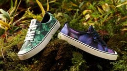 green leaf and purple floral sneakers