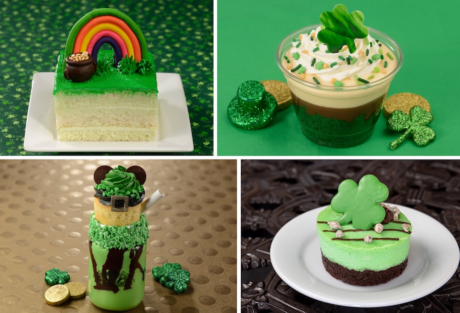 The New Disney Foodie Guide to St. Patrick’s Day 2023  St. Patrick’s Day Cake, St. Patrick’s Day Parfait, Mickey Shamrock Milkshake and Mint Chocolate Chip Cheesecake 