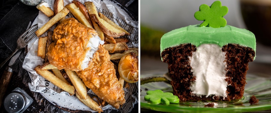 The New Disney Foodie Guide to St. Patrick’s Day 2023  Authentic fish & chips from Raglan Road Irish Pub & Restaurant and Irish Coffee Cupcake from Sprinkles 