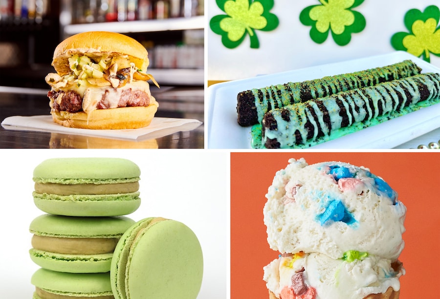 The New Disney Foodie Guide to St. Patrick’s Day 2023  O’ Reuben Burger from Black Tap Craft Burgers & Shakes, Shamrock Churro from California Churro, Pistachio Macarons from Kayla’s Cake and Pots of Gold & Rainbows from Salt & Straw 