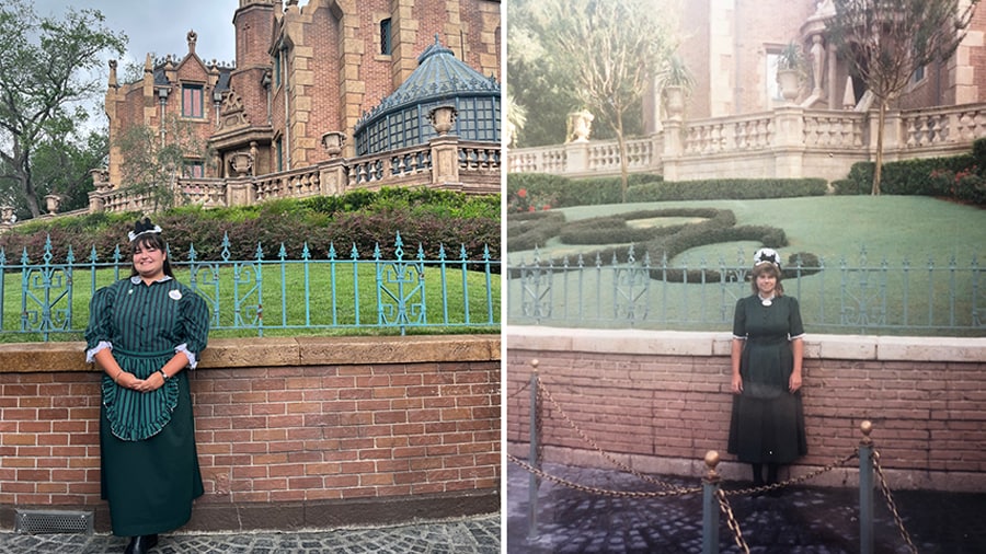Kaylin [left] standing in same spot as her mother [right] at the Haunted Mansion