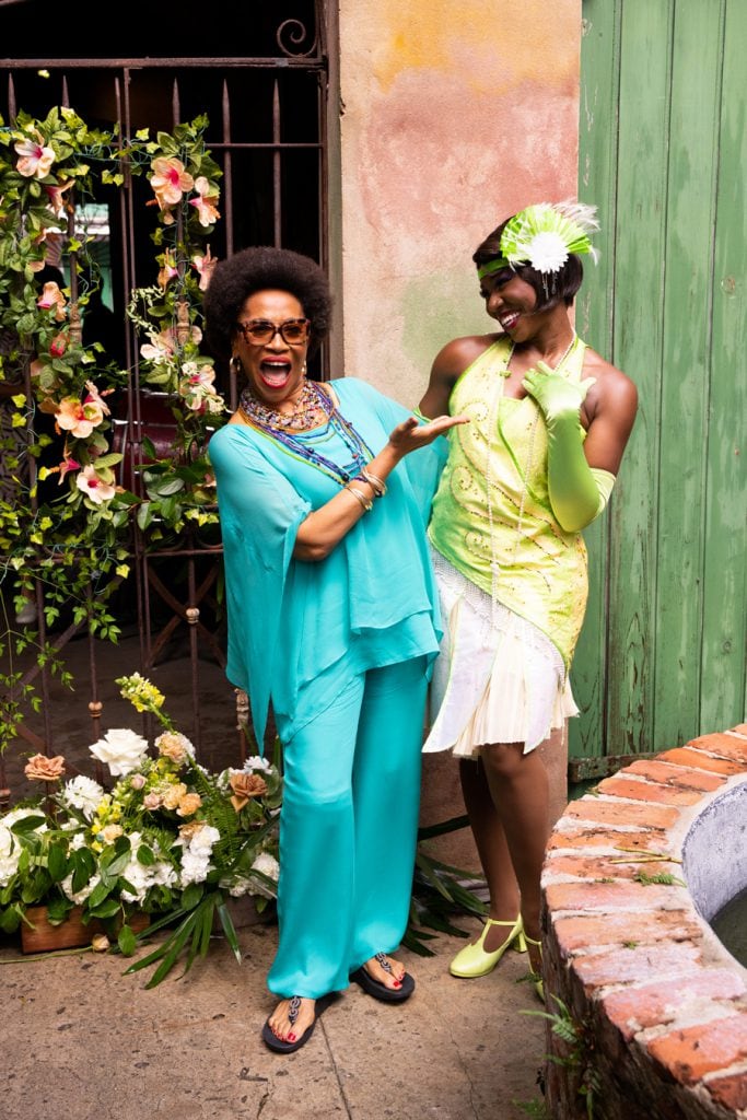 Legendary actress Jenifer Lewis posing with Disney's Tiana at 2023 New Orleans Disney event