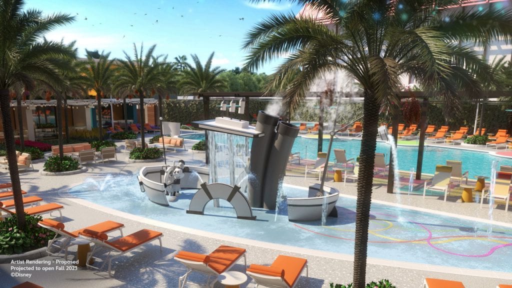 First Look at Steamboat Willie Splash Pad at Disneyland Hotel Disney