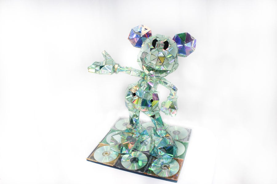 Statue of Mickey Mouse made from recycled compact discs