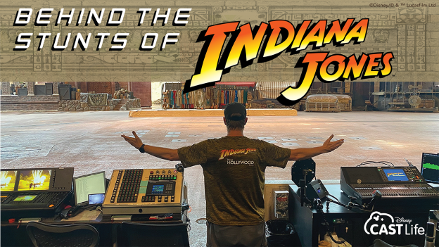Clifton stands in the lighting booth in front of the Indiana Jones Epic Stunt Spectacular! stage.