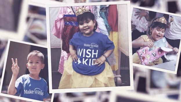 Children smile in Make-a-Wish shirts and princess costumes.