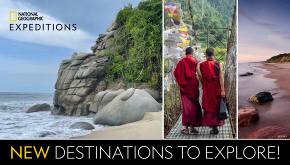 Discover Bhutan, Colombia and The Baltics with National Geographic Expeditions - Destinations to Explore with collage of landscape images